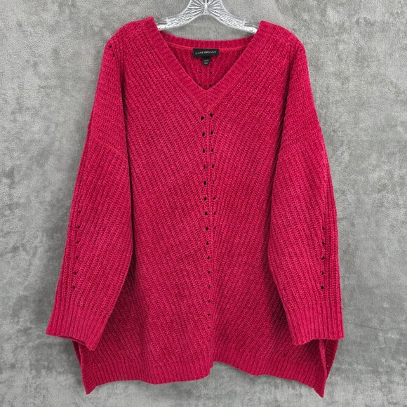 Lane Bryant Pointelle Knit Sweater 22 24 Red V Neck Oversize Cozy Side Slit Boxy - Picture 1 of 9
